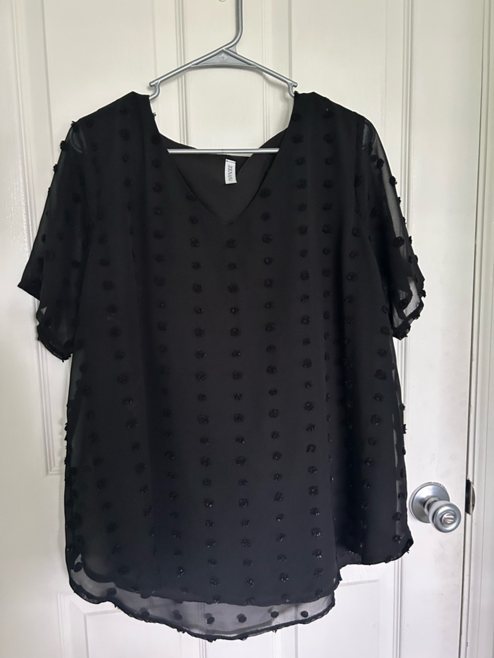 Zenana Outfitters Black V-Neck Dotted Swiss Short Sleeve Blouse